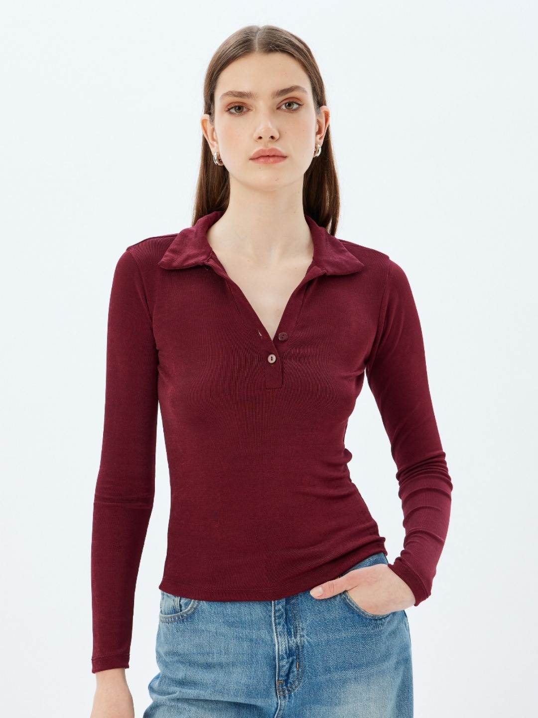 

Koton Women Solid Polo Collar T-shirt, Maroon