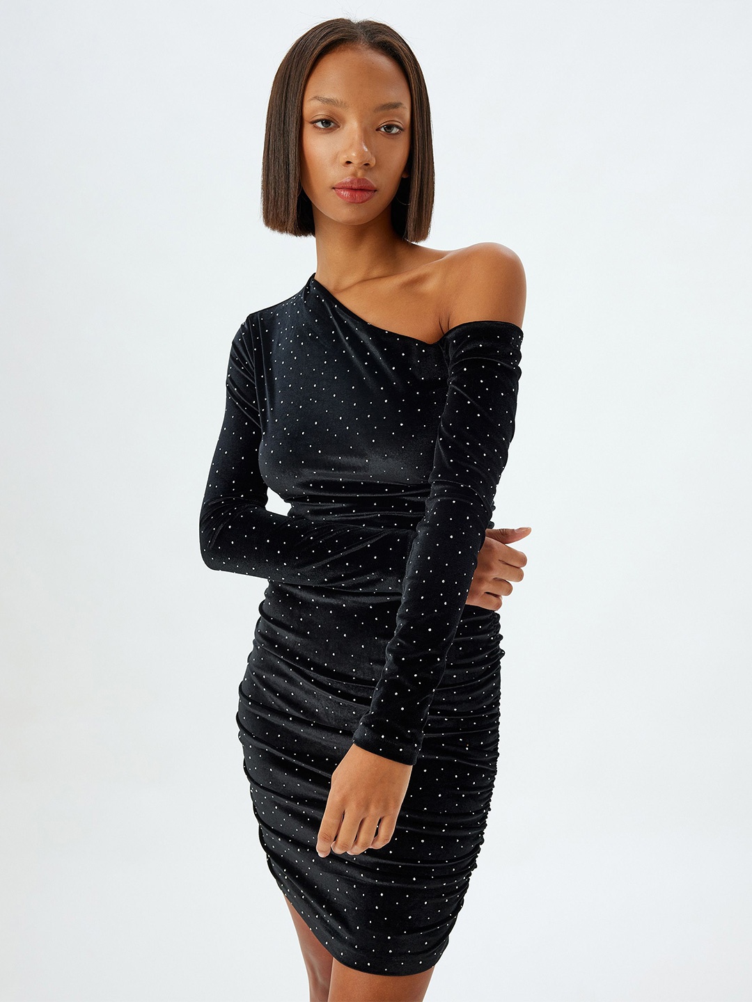 

Koton Women Polka Dots Printed One Shoulder Long Sleeves Bodycon Dress, Black