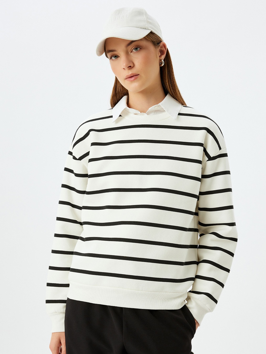 

Koton Women Striped Round Neck Pullover Sweatshirt, White