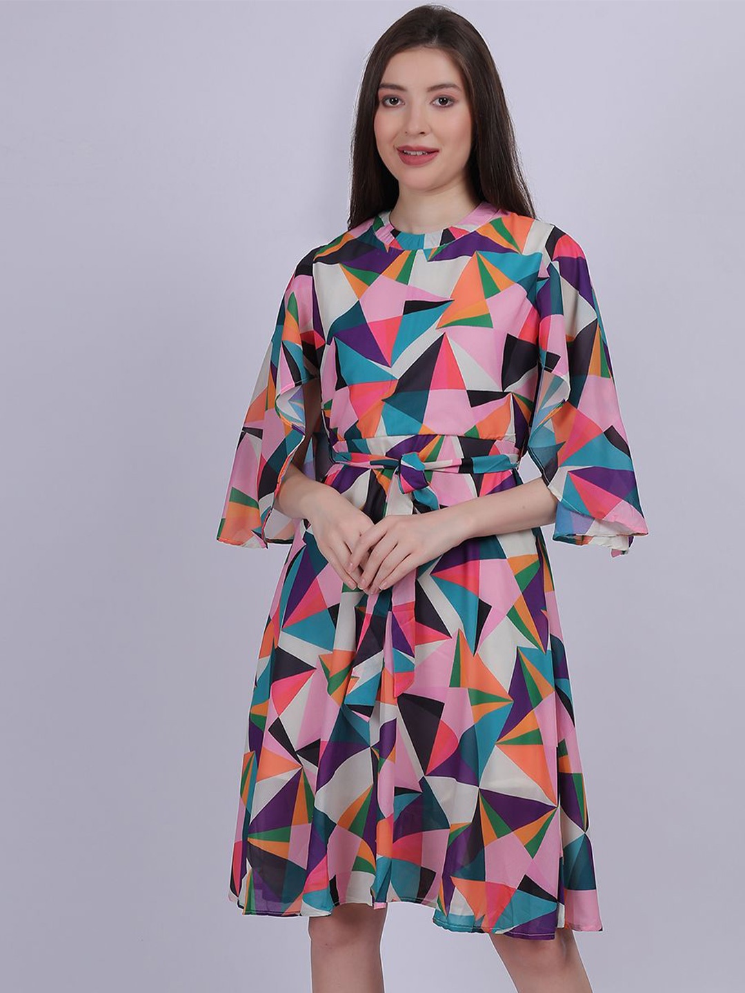 

Aumbe Women Printed Flared Sleeve A-line Dress, Orange