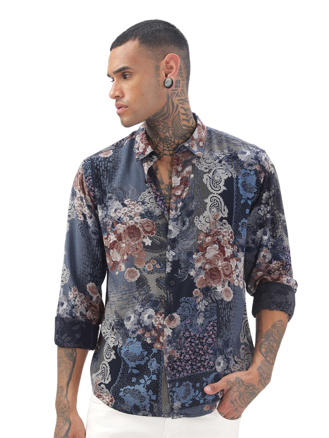

ilyzly Men Standard Spread Collar Abstract Printed Tailored Fit Casual Shirt, Blue
