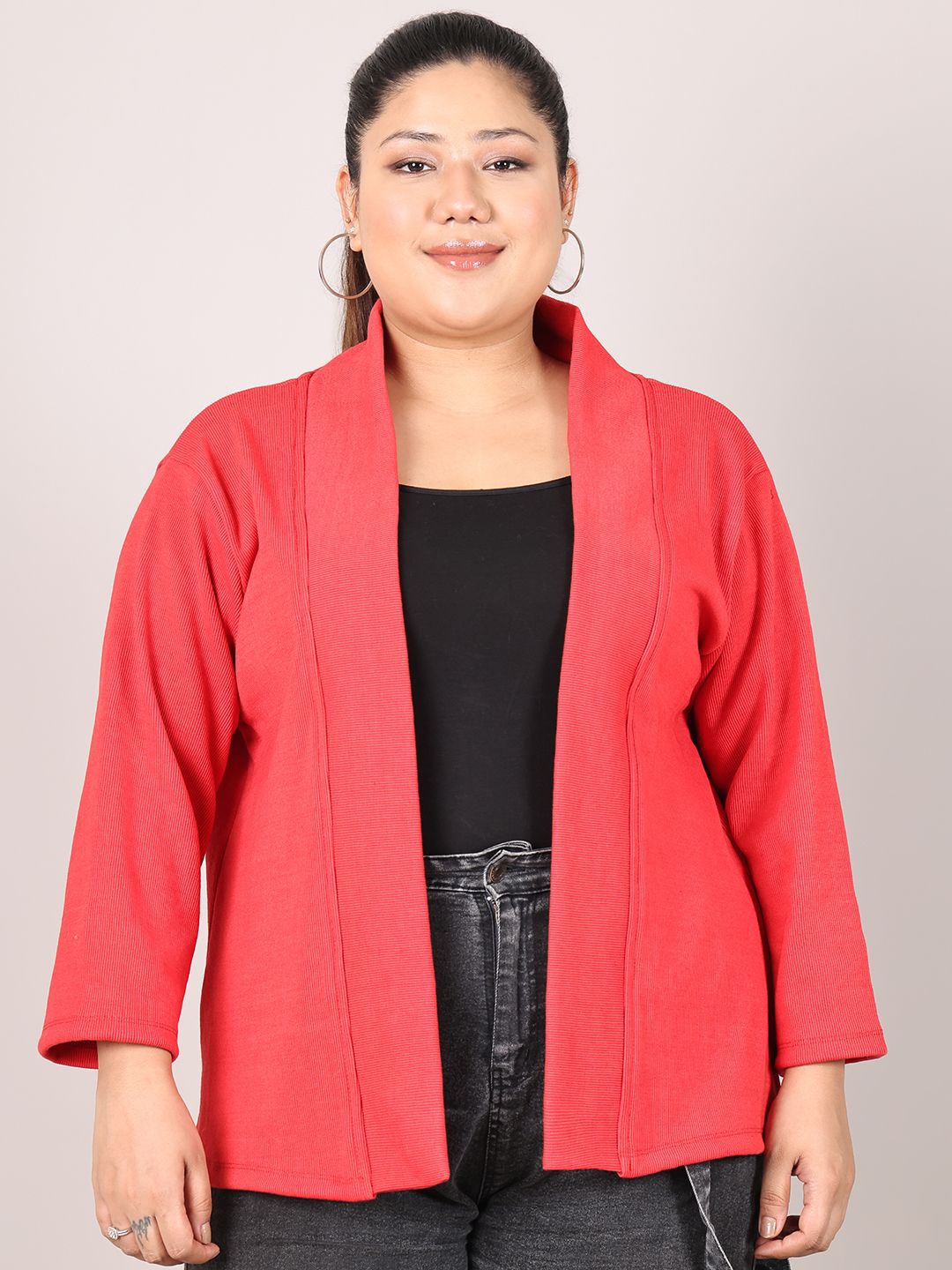 

Rute Plus Size Shawl Collar Pure Cotton Open Front Shrug, Red