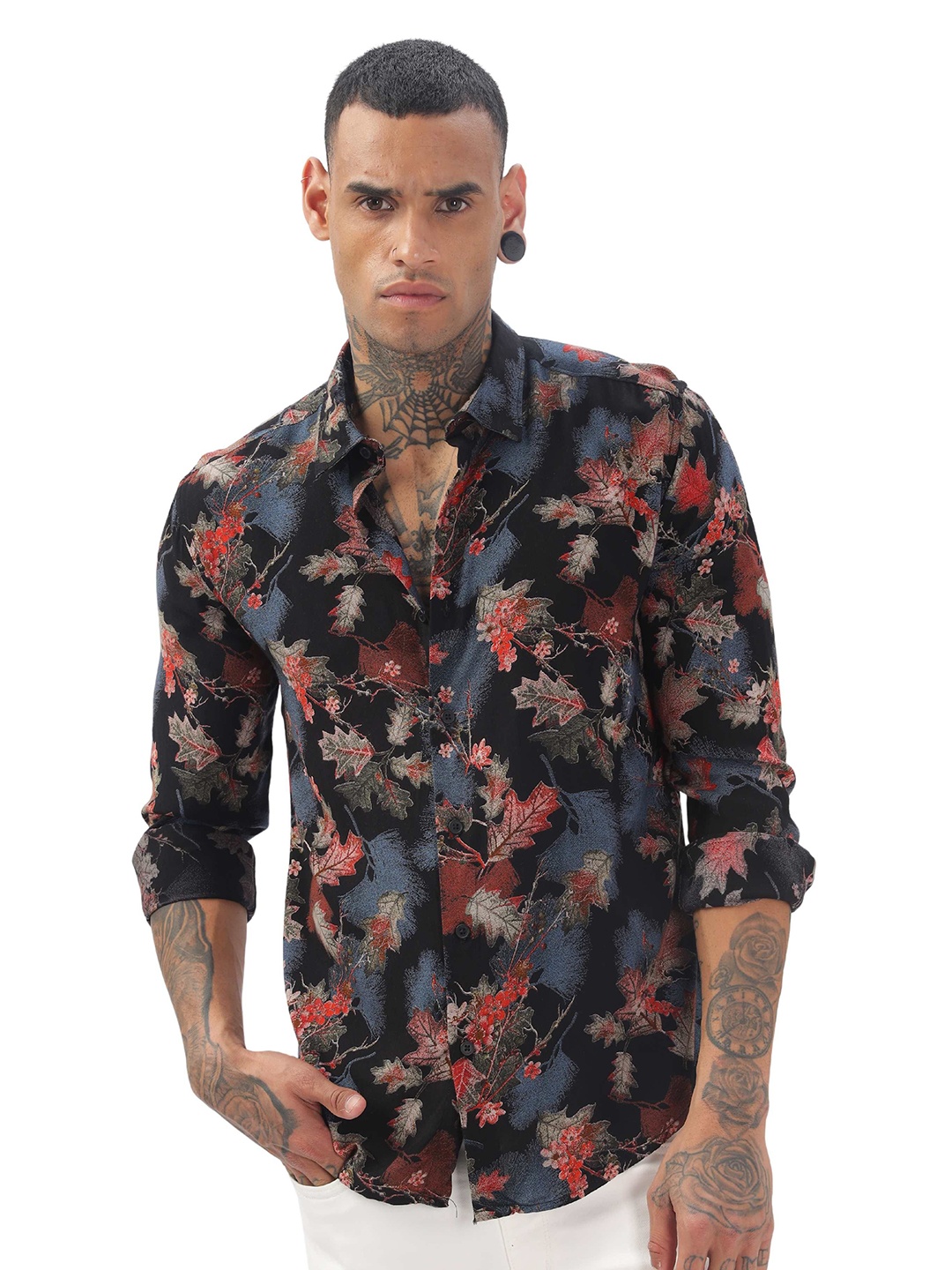 

ilyzly Men Standard Spread Collar Abstract Printed Tailored Fit Casual Shirt, Blue