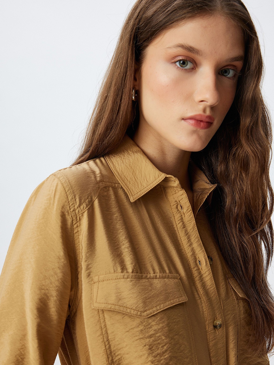 

Koton Women Spread Collar Solid Casual Shirt, Khaki