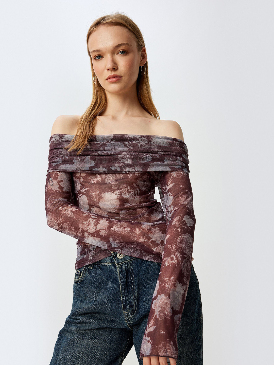 

Koton Women Printed Off-Shoulder Bardot Top, Maroon