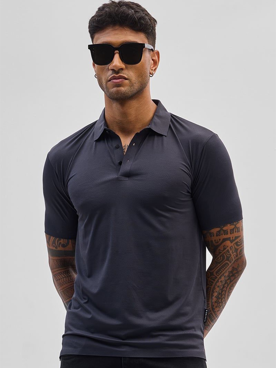 

Snitch Men Self Design Polo Collar Slim Fit T-shirt, Charcoal