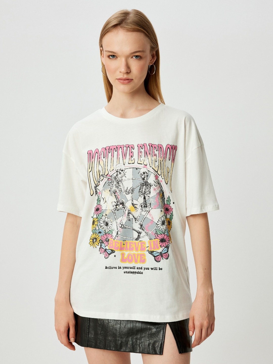 

Koton Women Graphic Printed Round Neck Cotton Oversized T-shirt, White