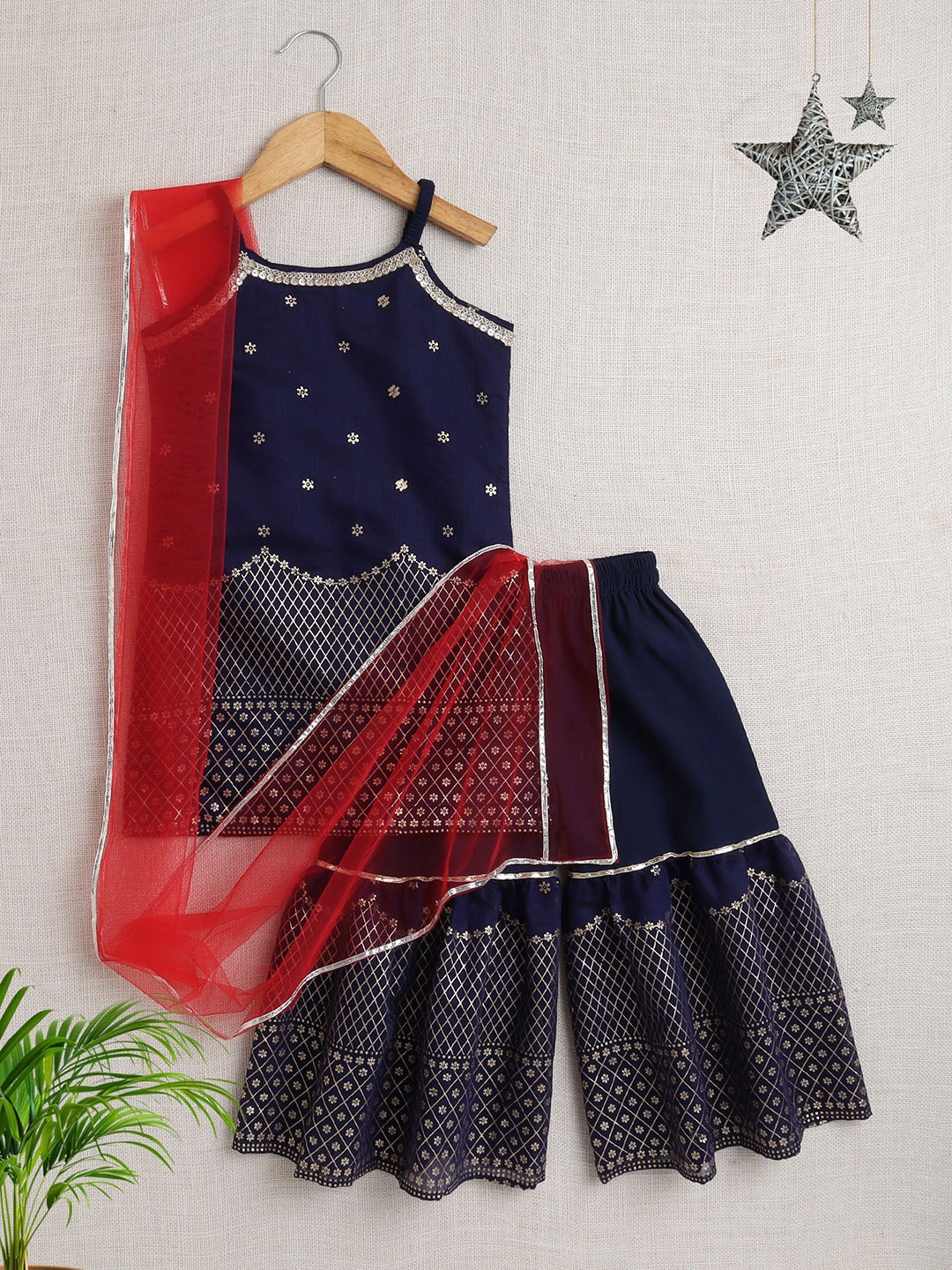

The Magic Wand Girls Regular Kurta with Sharara & With Dupatta, Navy blue