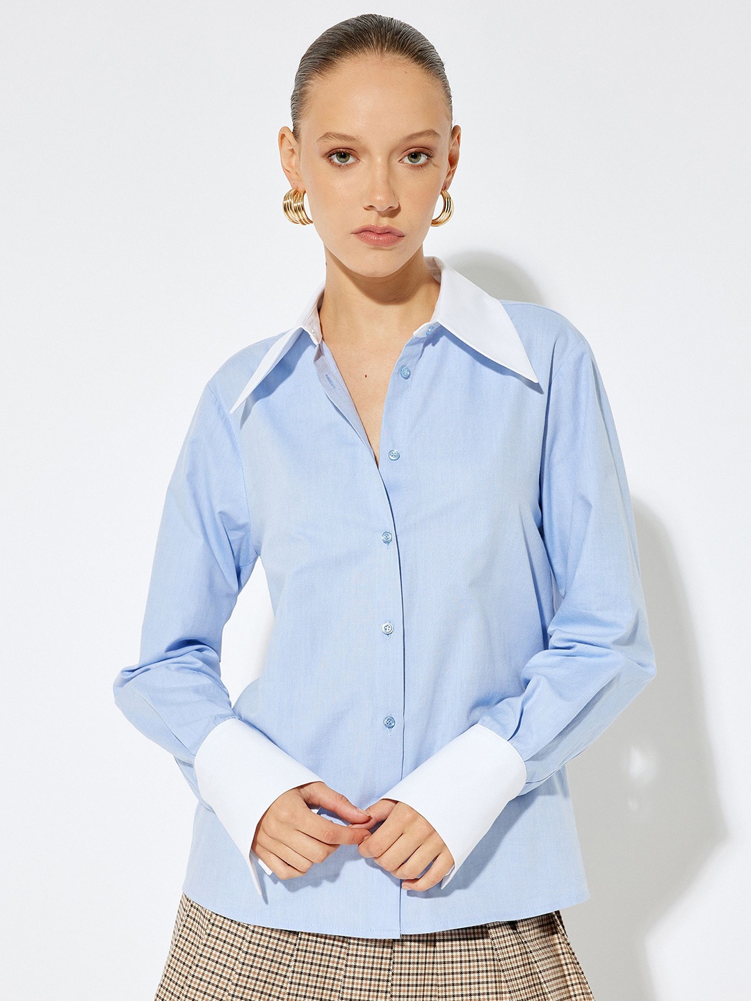 

Koton Women Spread Collar Solid Cotton Casual Shirt, Blue