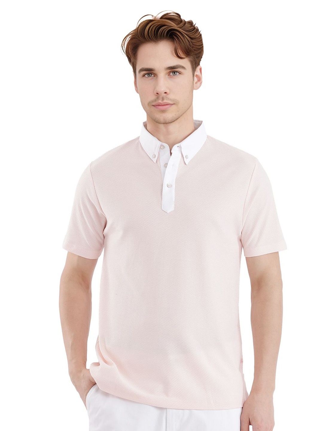 

RARE RABBIT Men Solid Polo Collar Cotton T-shirt, Pink