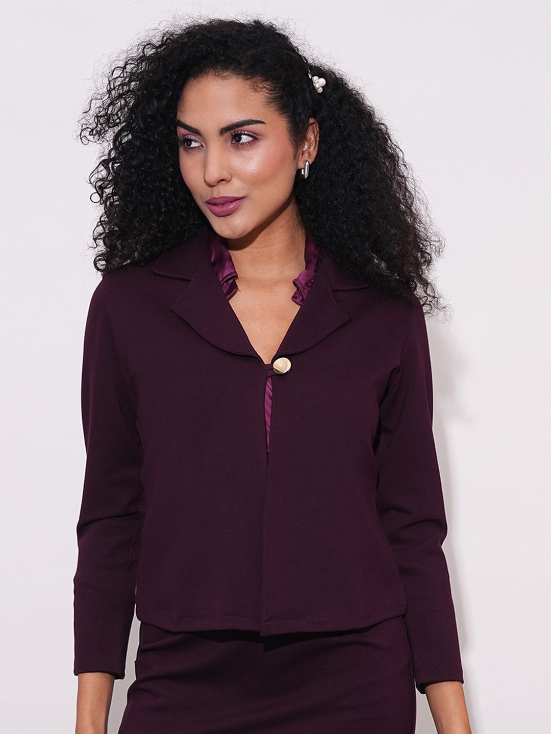 

Globus Notch Lapel Long Sleeves Stretchable Straight Hem Open Front Workwear Blazer Jacket, Burgundy