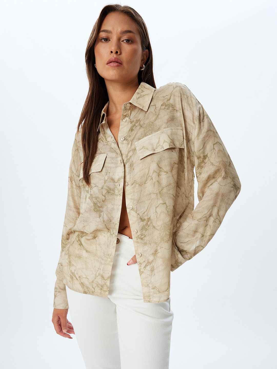 

Koton Women Spread Collar Abstract Printed Casual Shirt, Khaki