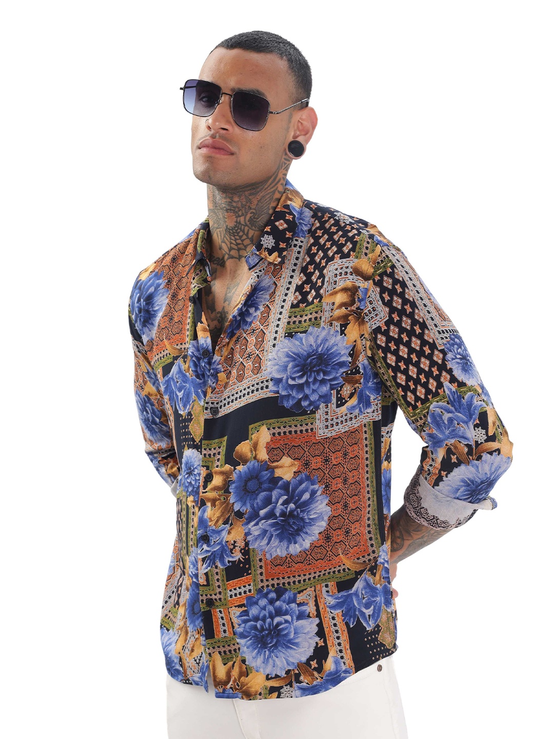 

ilyzly Men Standard Spread Collar Abstract Printed Tailored Fit Casual Shirt, Blue