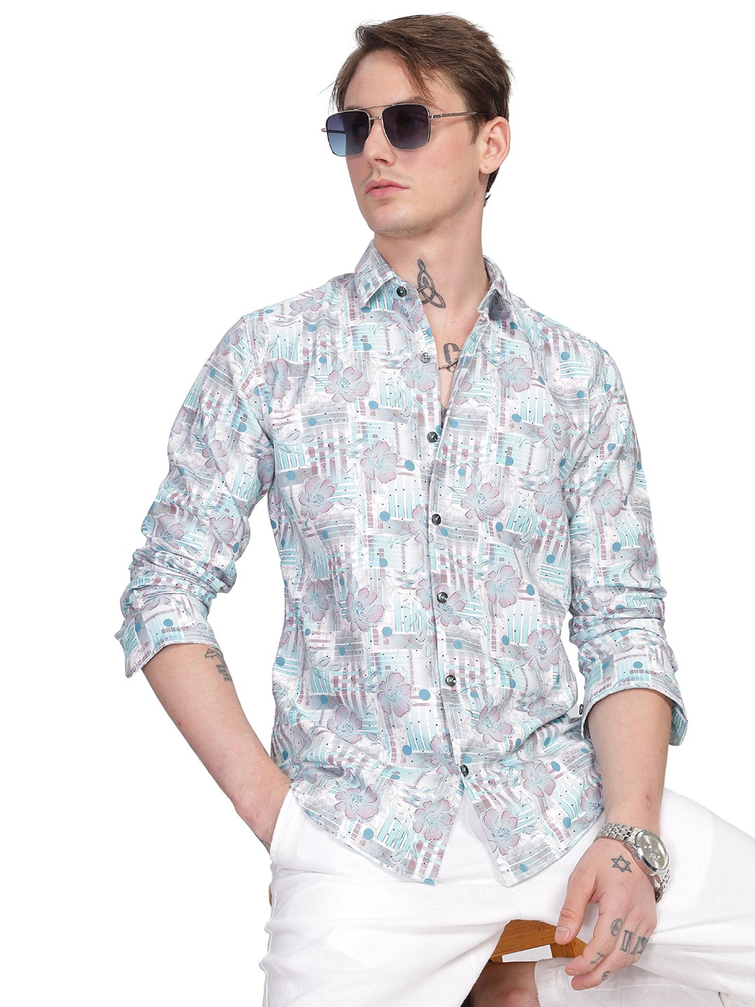 

ilyzly Men Standard Spread Collar Abstract Printed Cotton Tailored Fit Casual Shirt, White