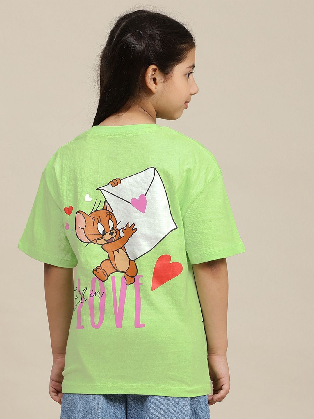 

Kids Ville Girls Graphic Printed Round Neck Cotton Relaxed Fit Tom & Jerry T-shirt, Green