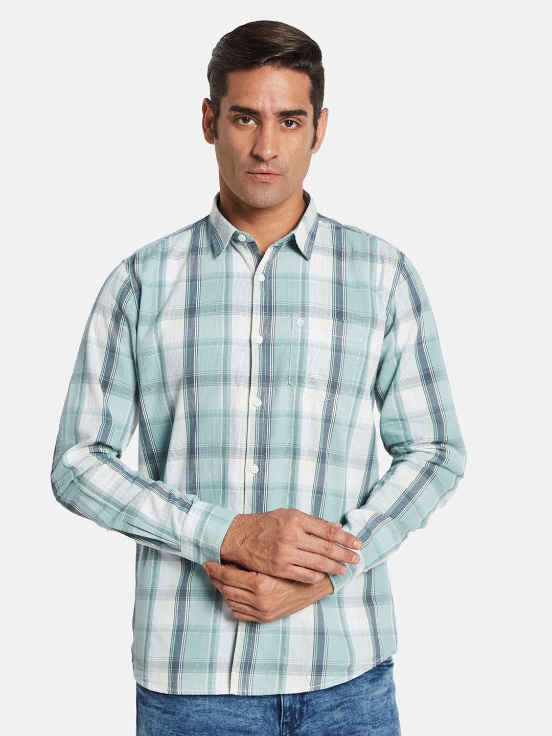 

METTLE Men Opaque Checked Casual Shirt, Blue