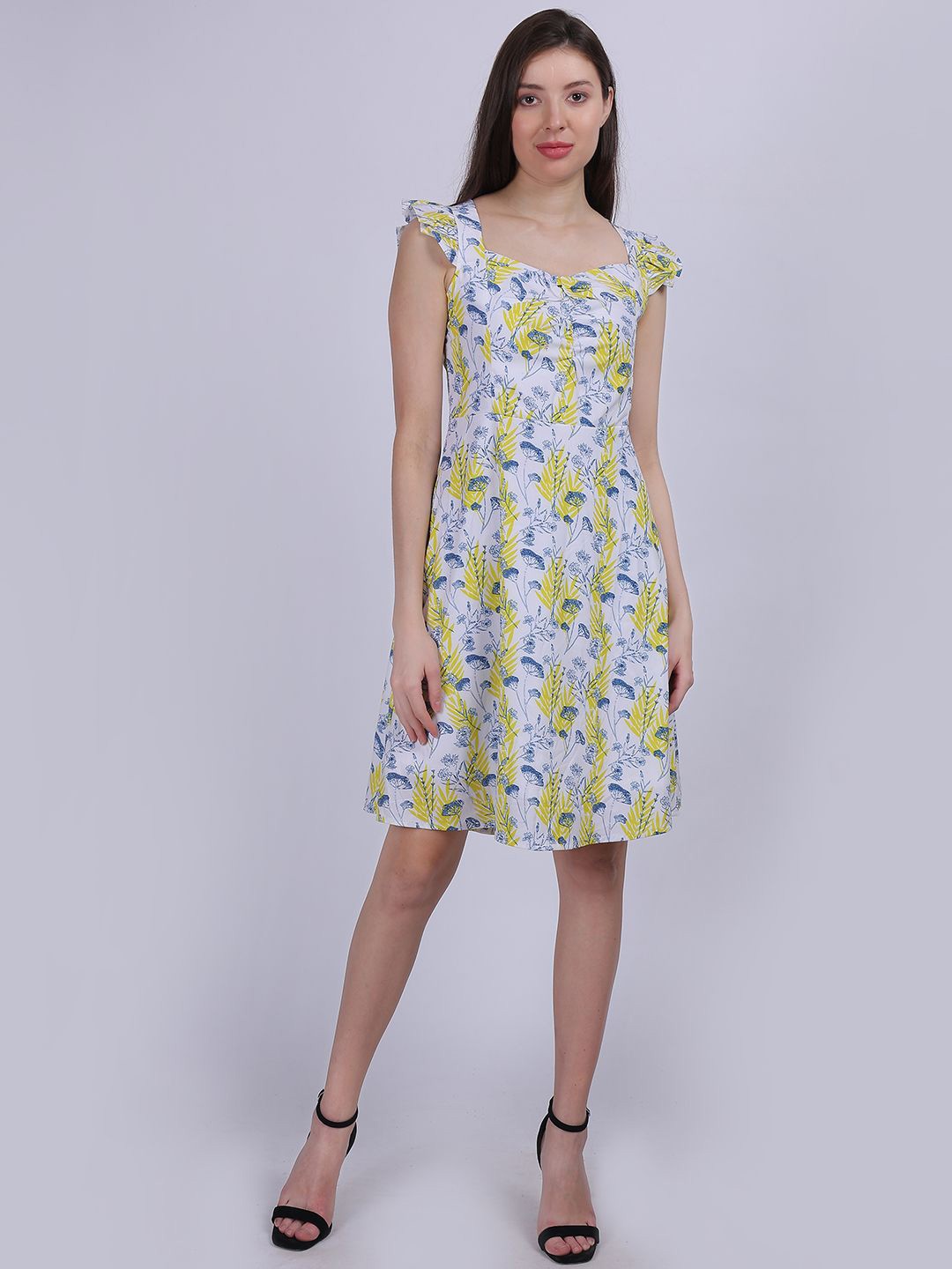 

Aumbe Women Floral Printed Fit & Flare Dress, Yellow