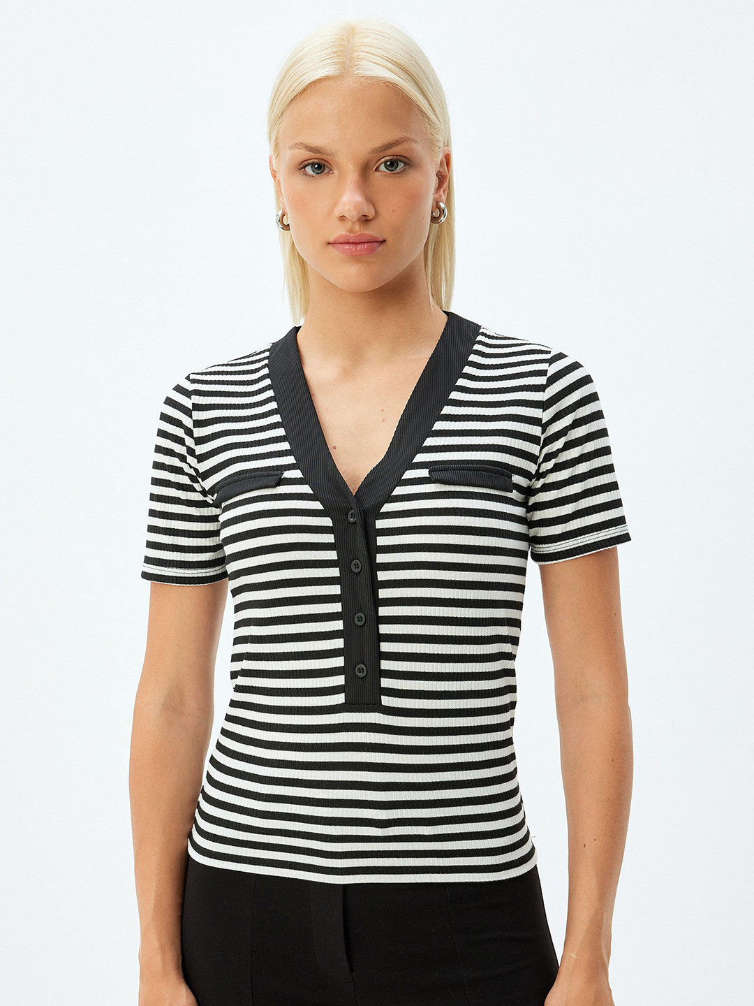 

Koton Women Striped V-Neck T-shirt, White