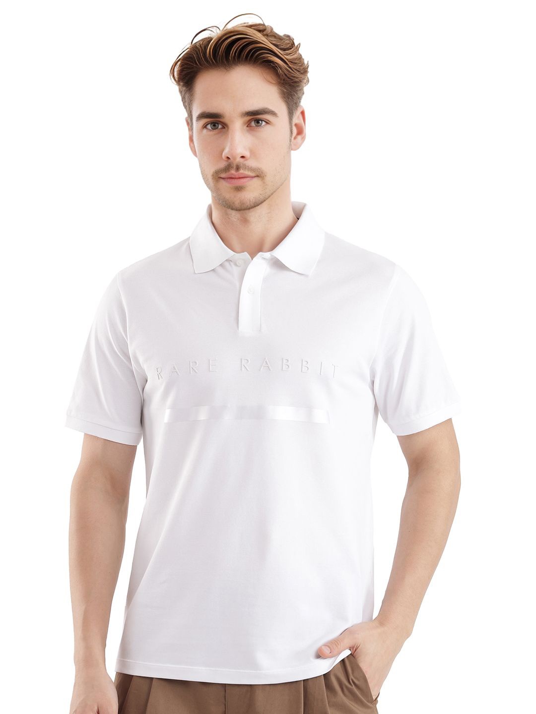

RARE RABBIT Men Typography Printed Polo Collar Cotton T-shirt, White