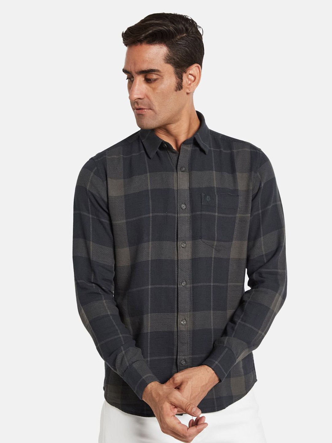 

METTLE Men Opaque Checked Casual Shirt, Olive