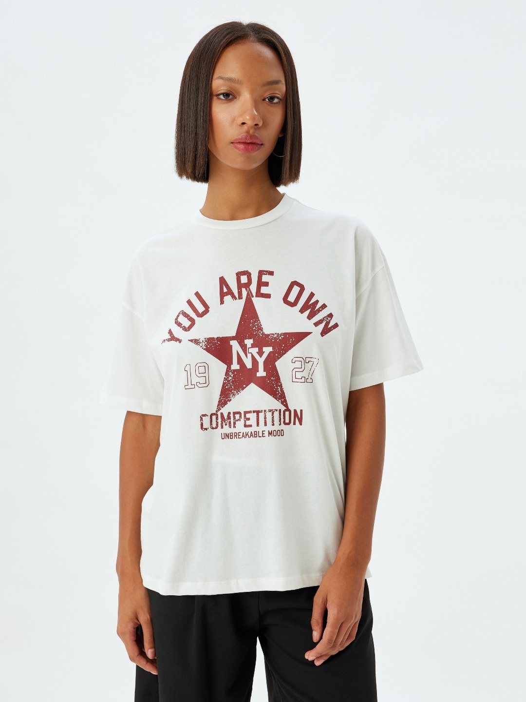 

Koton Women Typography Printed Round Neck Cotton Oversized T-shirt, White