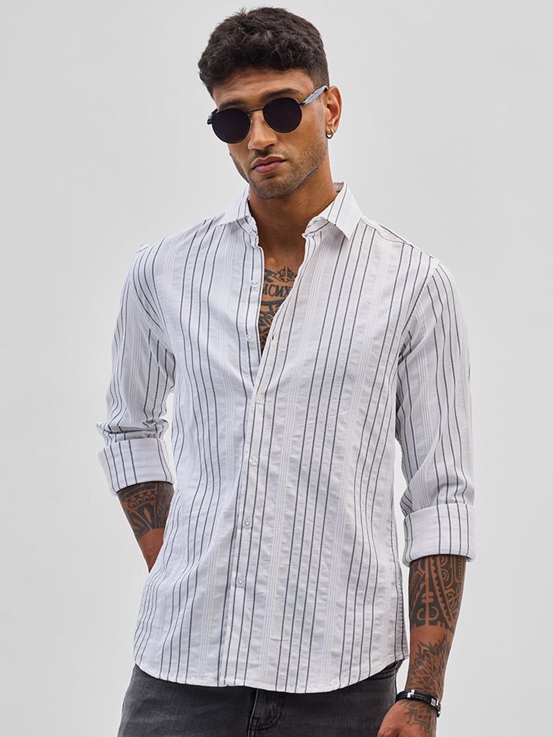 

Snitch Men Smart Slim Fit Opaque Striped Casual Shirt, White