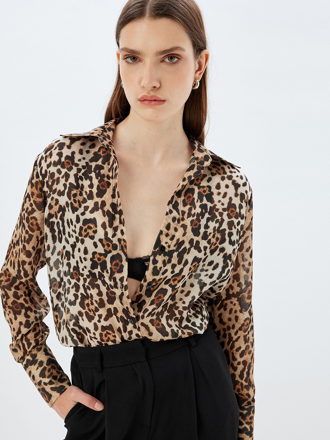 

Koton Women Spread Collar Animal Printed Casual Shirt, Beige