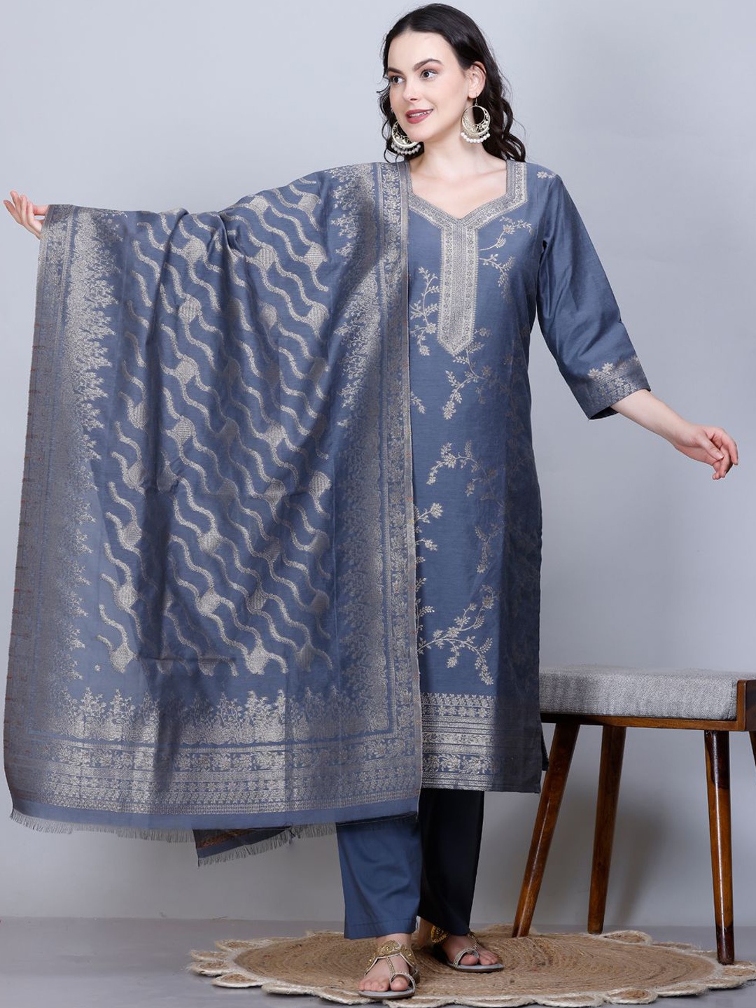 

KIDAR Floral Woven Design Square Neck Regular Straight Kurta With Trouser With Dupatta, Grey