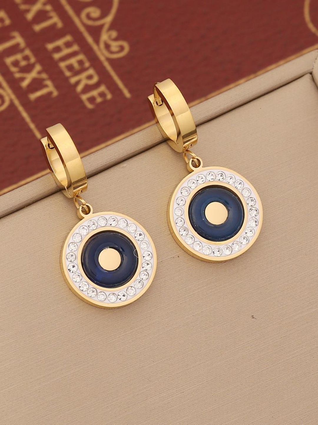 

MYKI Gold-Plated Glossy Stainless Steel Circular Stone Studded Hoop Earrings