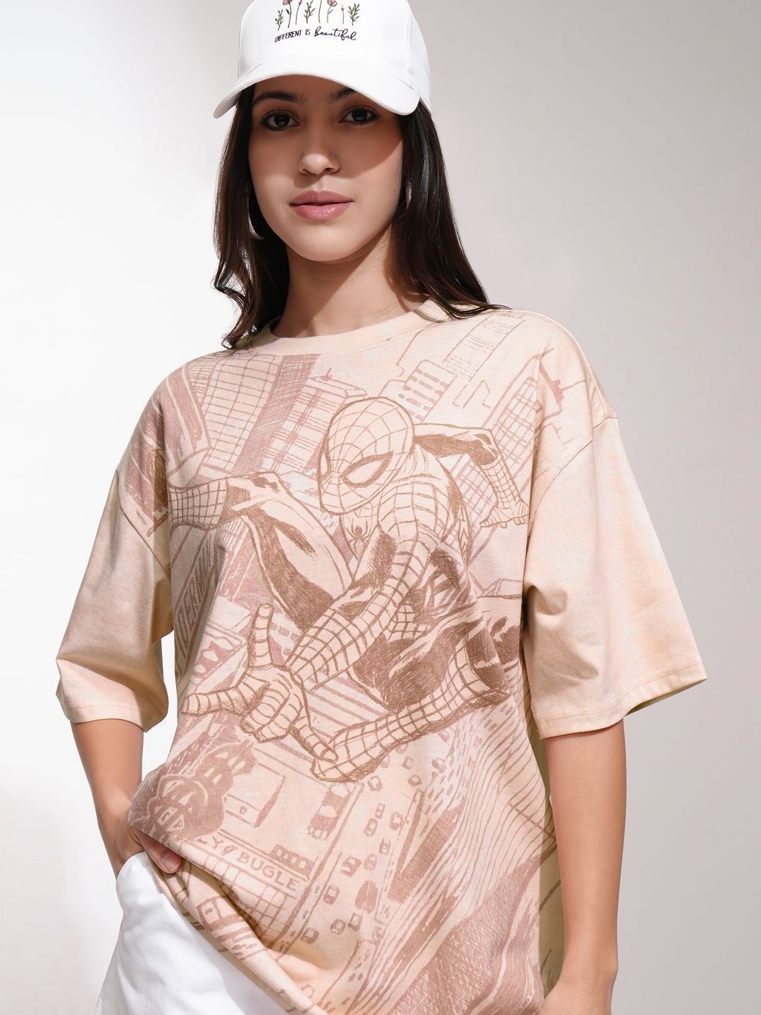 

Tokyo Talkies Women Graphic Printed Round Neck Oversized Spider Man Tshirt, Peach