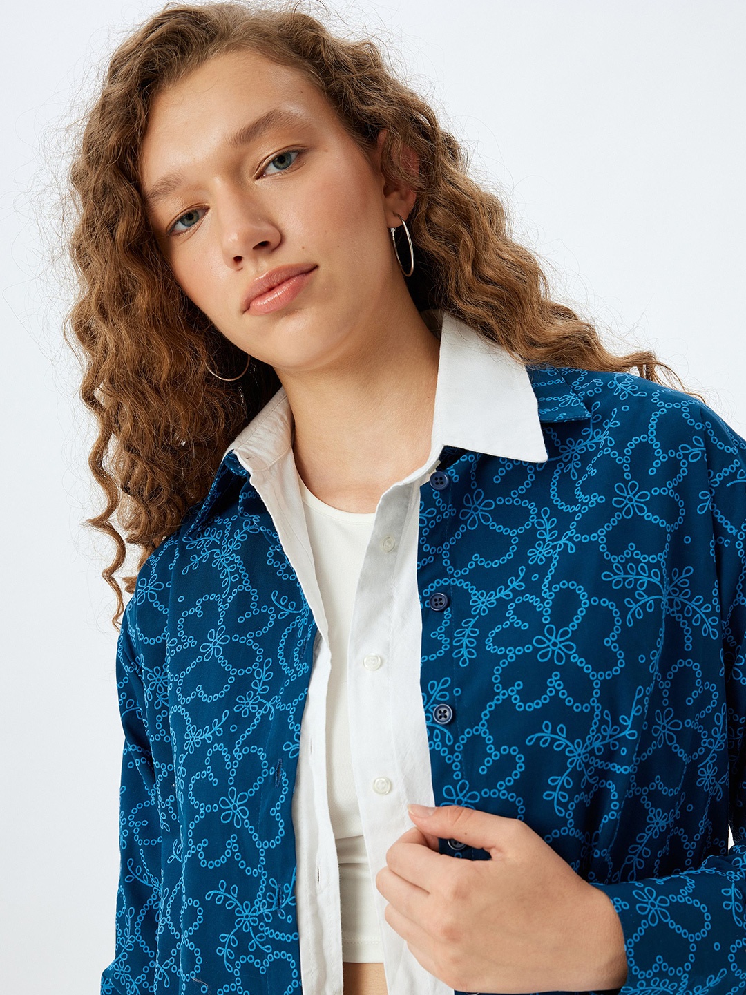 

Koton Women Spread Collar Floral Printed Cotton Casual Shirt, Navy blue