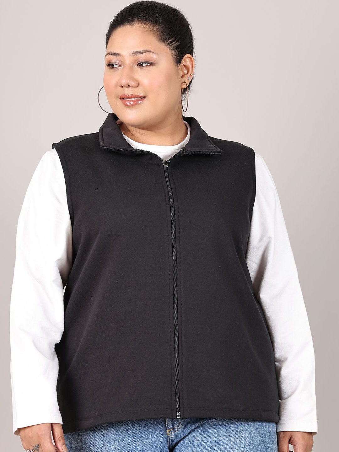 

Rute Women Mock Collar Solid Cotton Casual Plus Size Bomber Jacket, Black