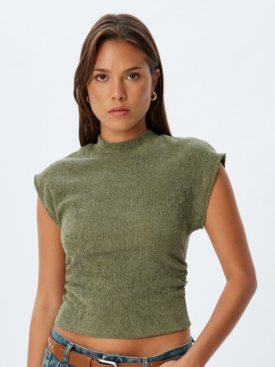 

Koton Women Solid High Neck Slim Fit T-shirt, Green