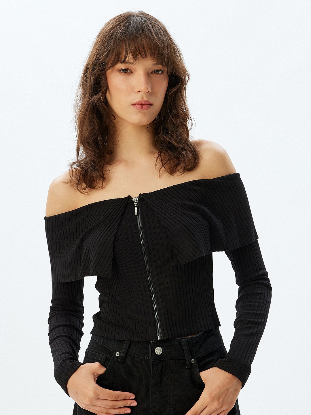

Koton Women Solid Off-Shoulder Long Sleeves Front-Open Crop Sweaters, Black