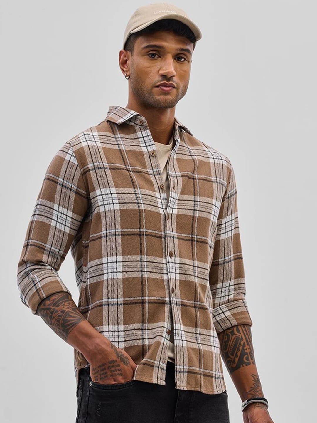 

Snitch Men Smart Spread Collar Tartan Checked Cotton Casual Shirt, Brown