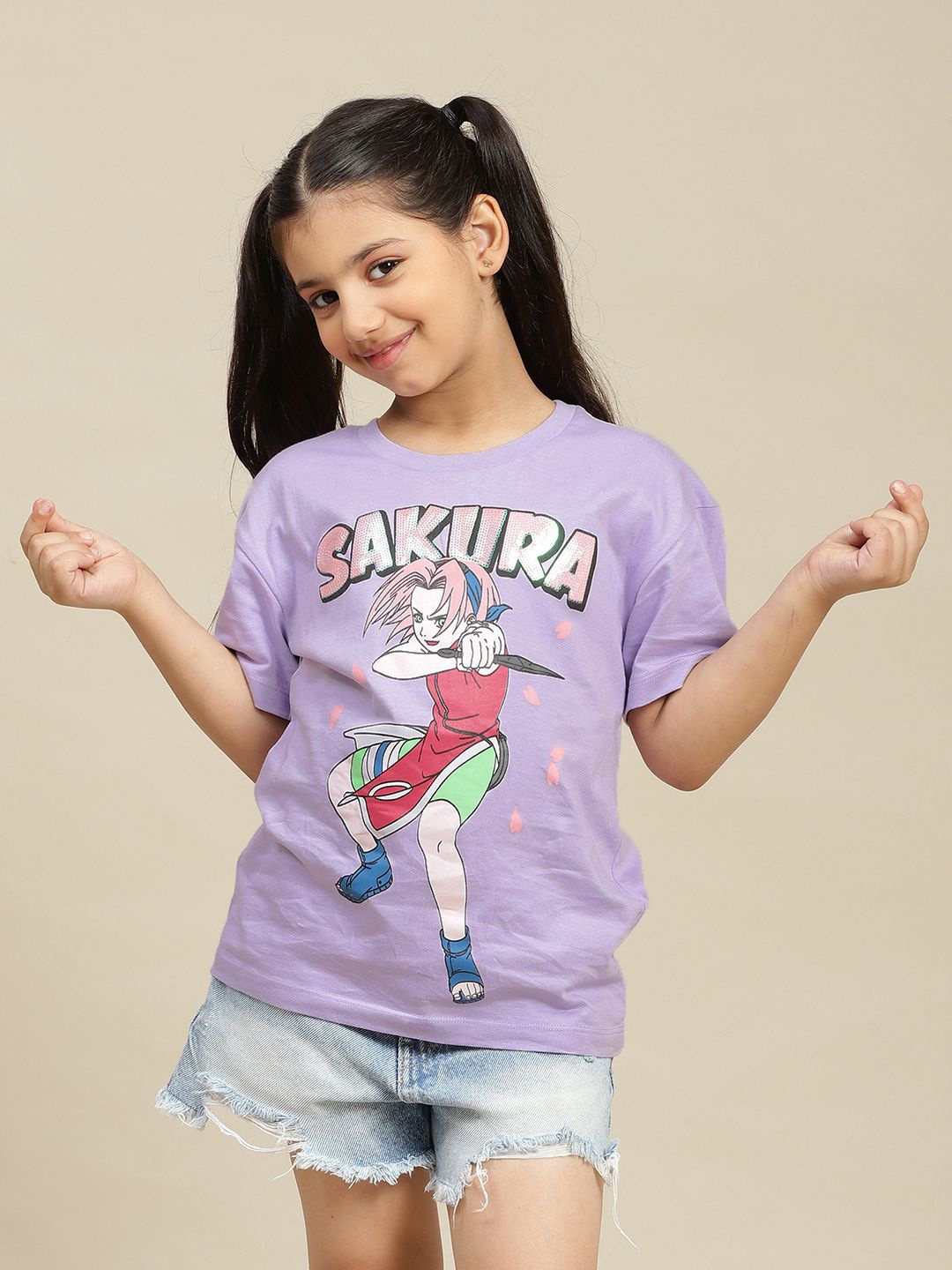 

Kids Ville Girls Graphic Printed Round Neck Cotton Relaxed Fit Naruto T-shirt, Purple