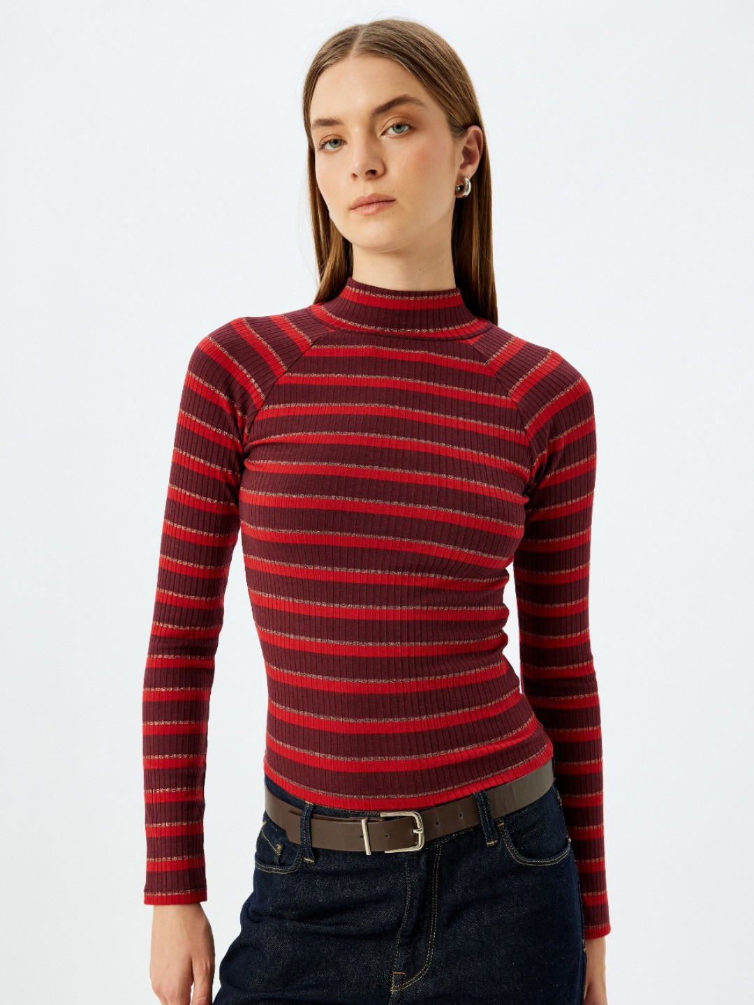 

Koton Women Striped High Neck Slim Fit T-shirt, Red