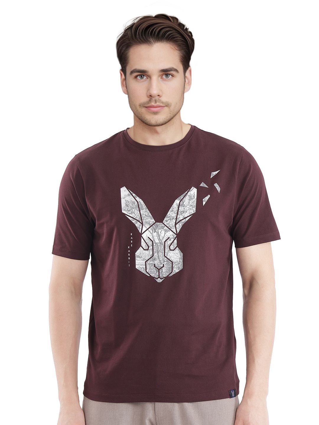 

RARE RABBIT Men Graphic Printed Round Neck Cotton T-shirt, Maroon