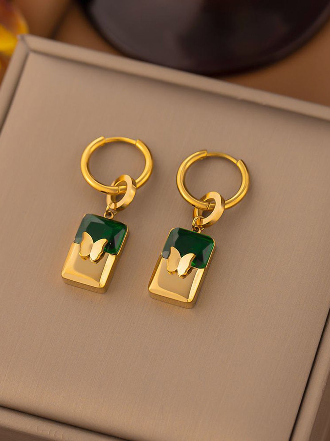 

MYKI Stainless Steel Gold-Plated Contemporary Drop Earrings, Green