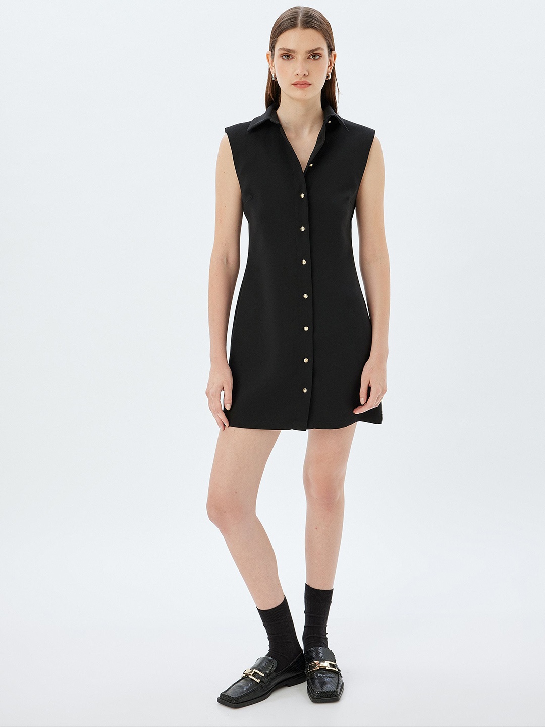 

Koton Women Shirt Collar Sleeveless Mini Dress, Black