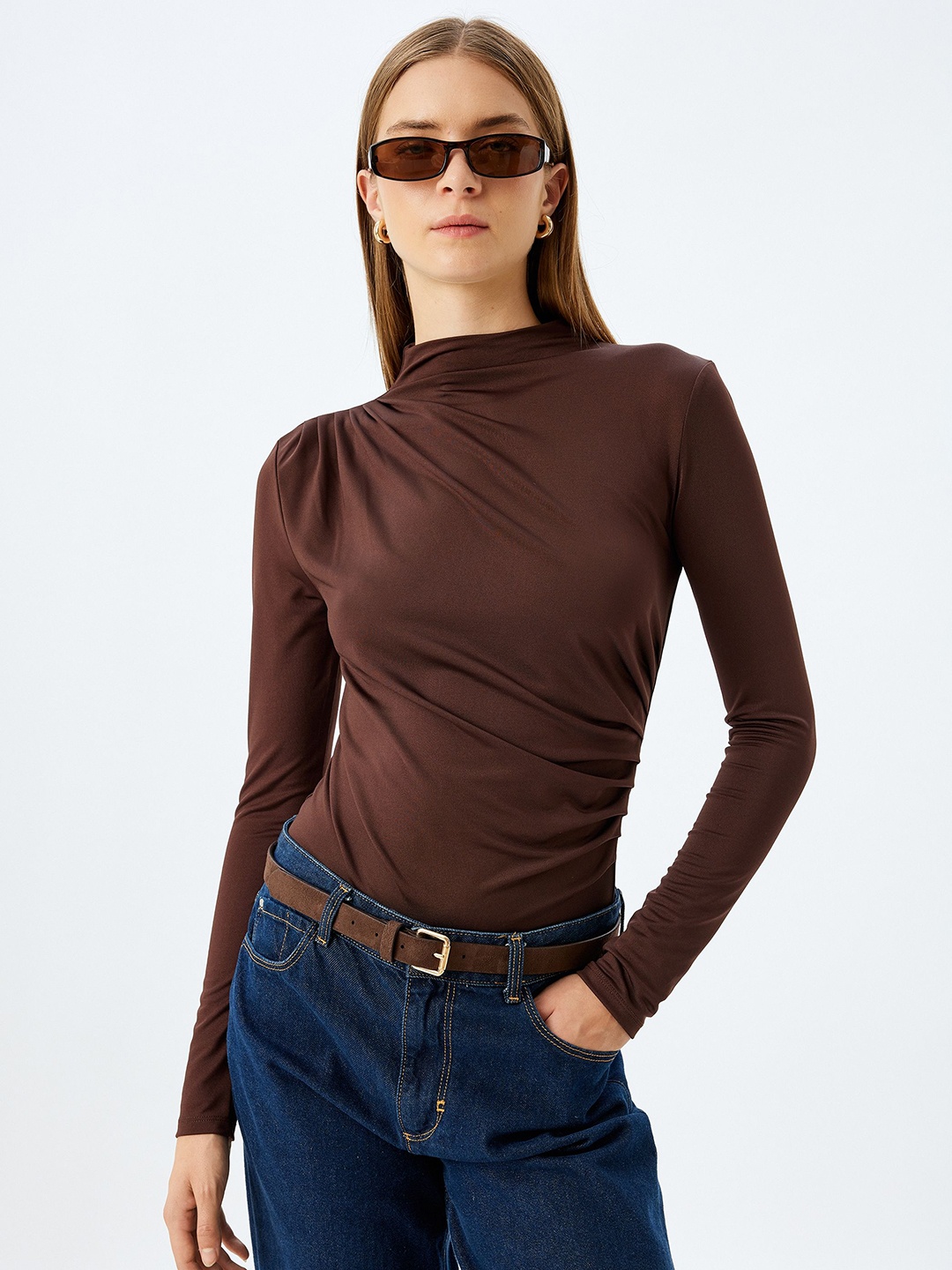 

Koton Women Extended Sleeves Cut Outs Slim Fit T-shirt, Brown