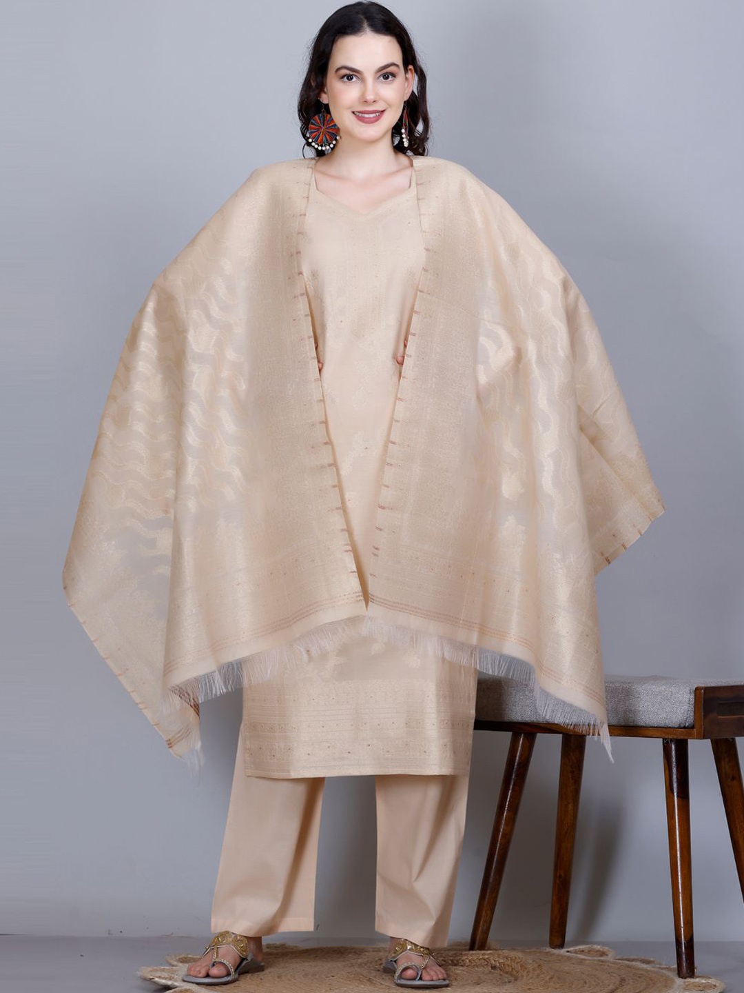 

KIDAR Floral Woven Design Square Neck Regular Straight Kurta With Trouser With Dupatta, Cream