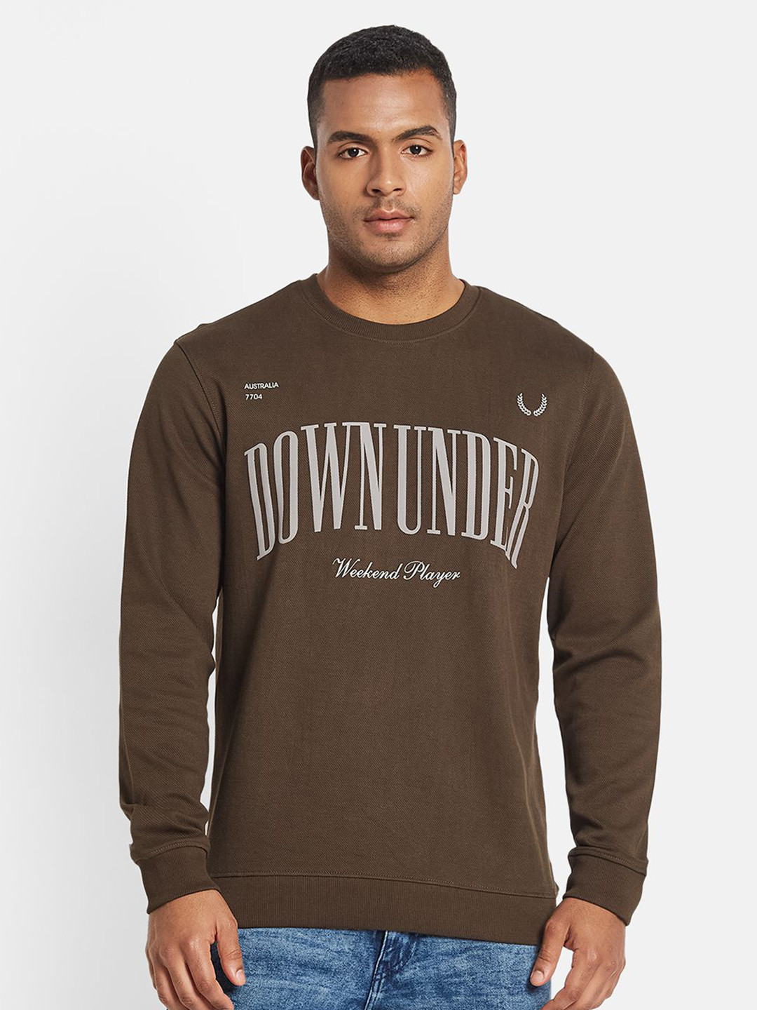 

METTLE Men Typography Printed Pullover Cotton Sweatshirt, Brown