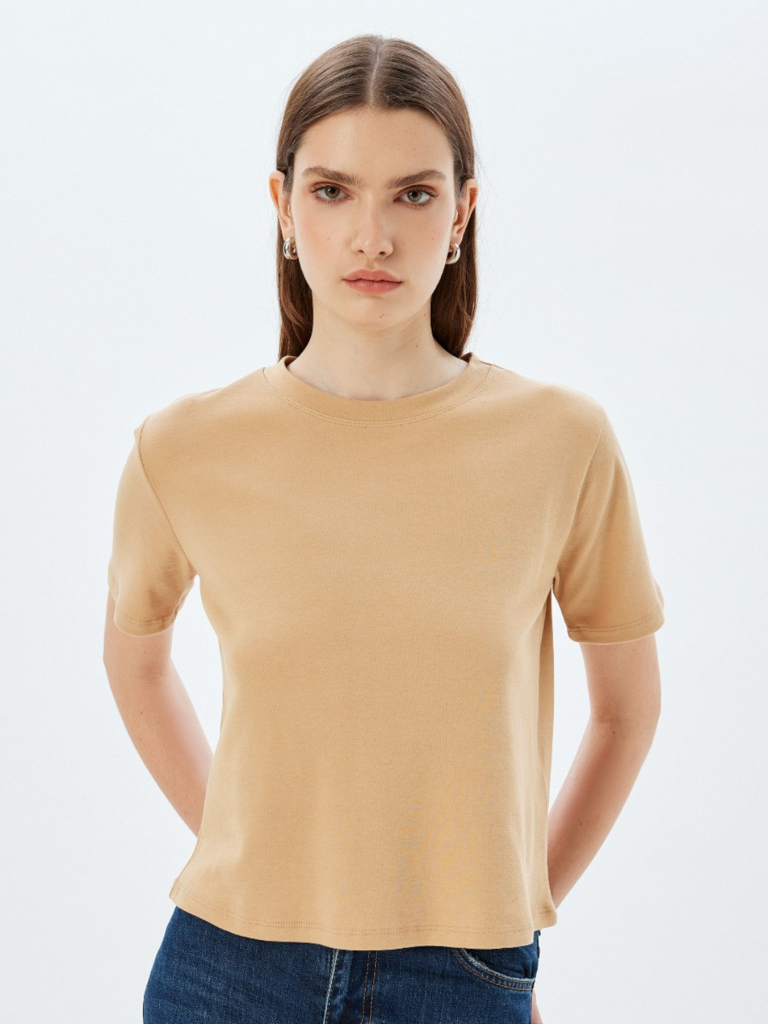 

Koton Women Solid Round Neck Cotton T-shirt, Beige