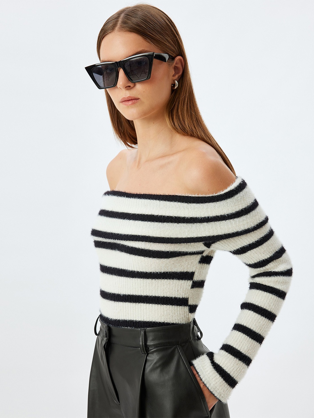 

Koton Women Striped Off-Shoulder Pullover Sweaters, Black