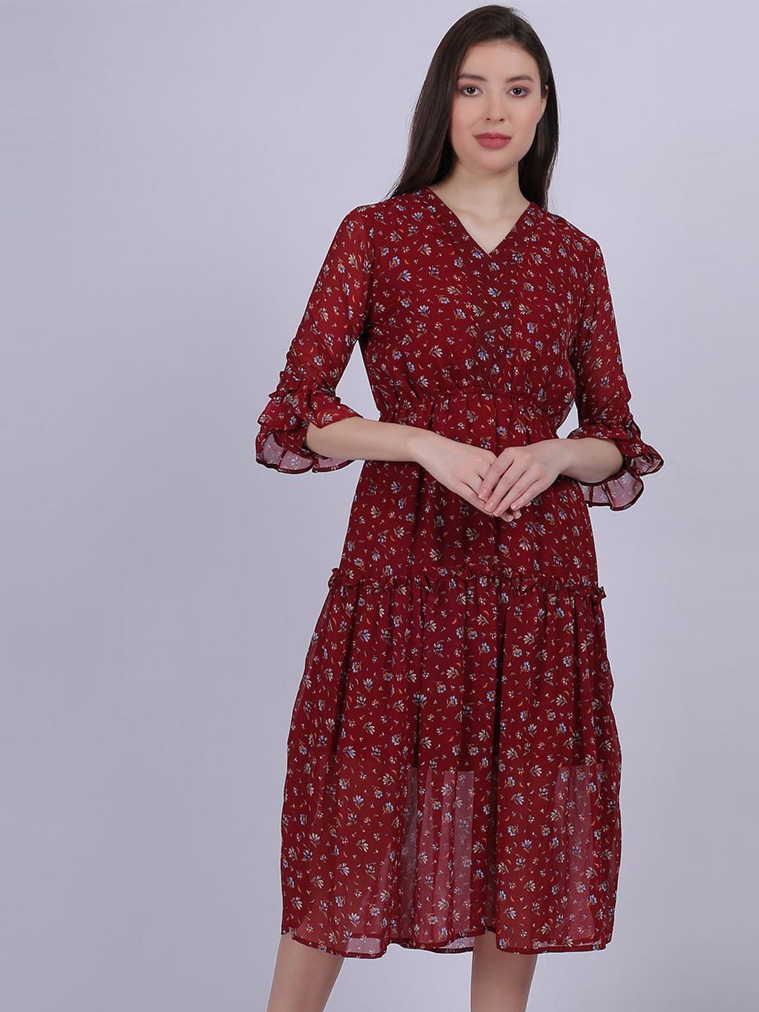 

Aumbe Women Floral Printed Bell Sleeve Fit & Flare Midi Dress, Maroon