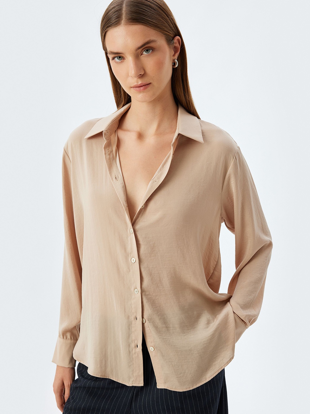 

Koton Women Spread Collar Solid Casual Shirt, Beige