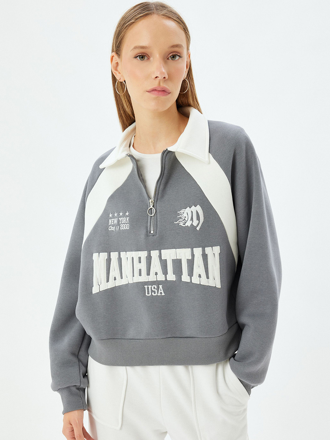 

Koton Women Alphanumeric Printed Pullover Cotton Sweatshirt, Grey