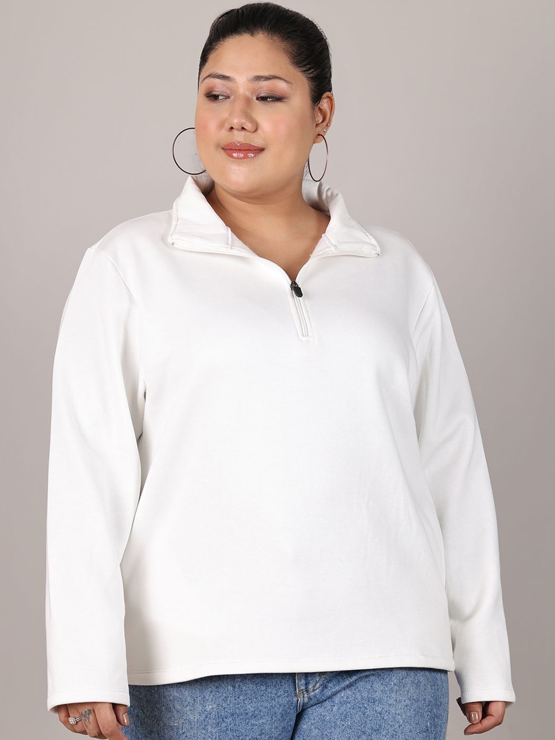 

Rute Women Cotton Half Zipper Full Sleeves Sweatshirt, White