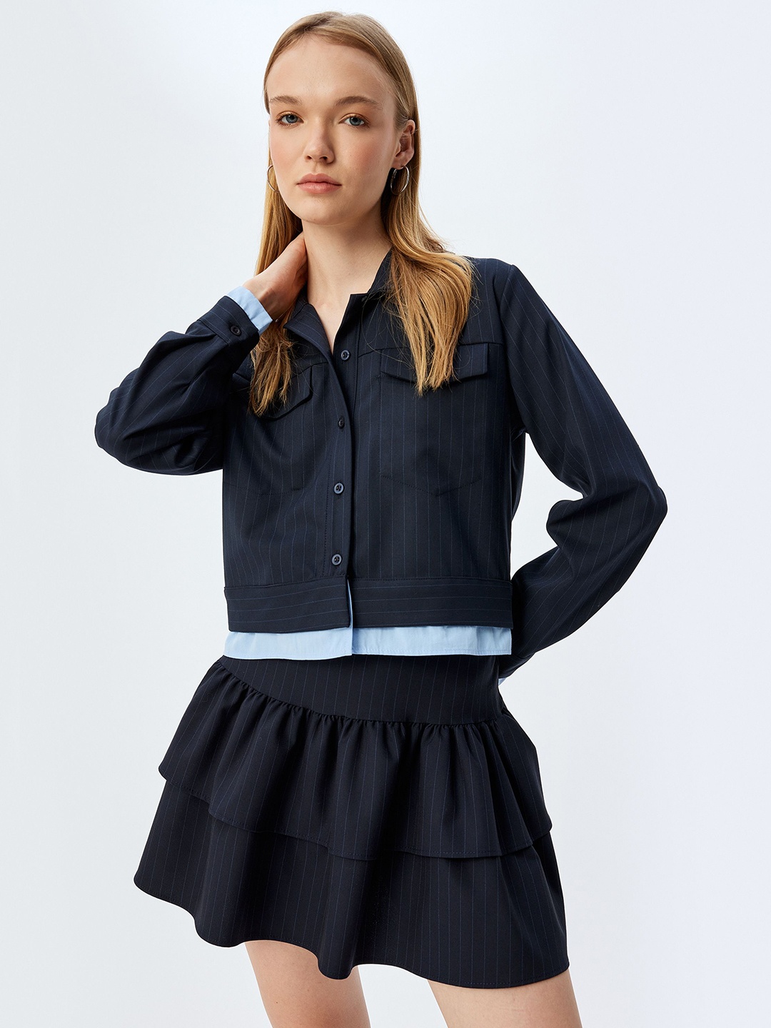 

Koton Women Spread Collar Vertical Striped Casual Shirt, Navy blue